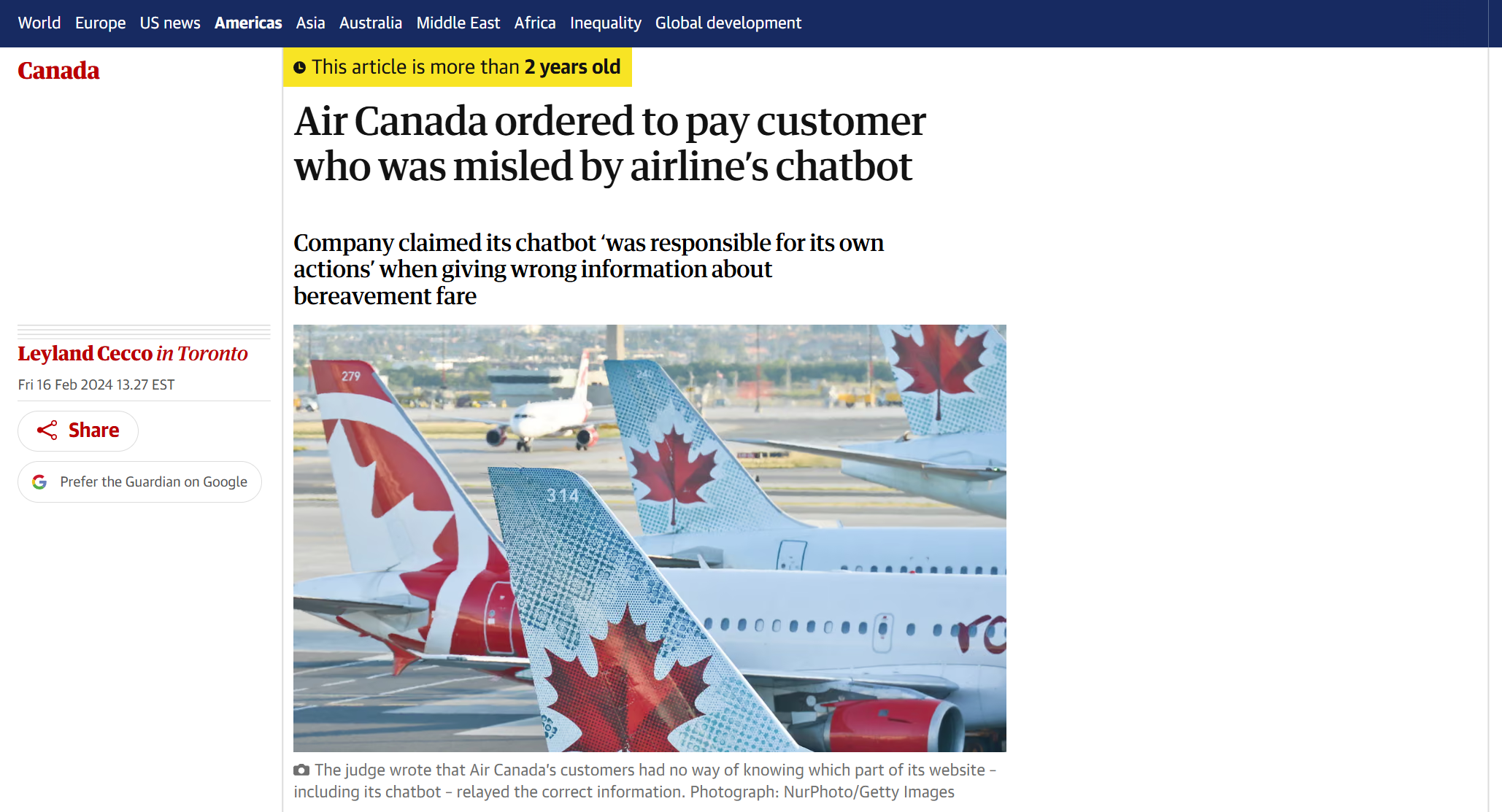 The Guardian 关于 Air Canada AI 客服误导乘客的报道截图