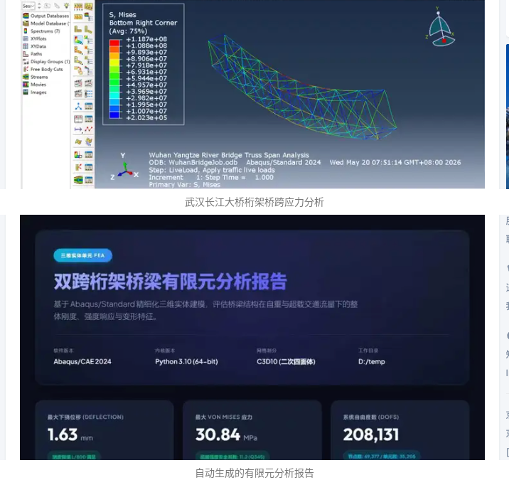 上:Abaqus 桥梁桁架桥跨应力分析;下:自动生成的有限元分析报告